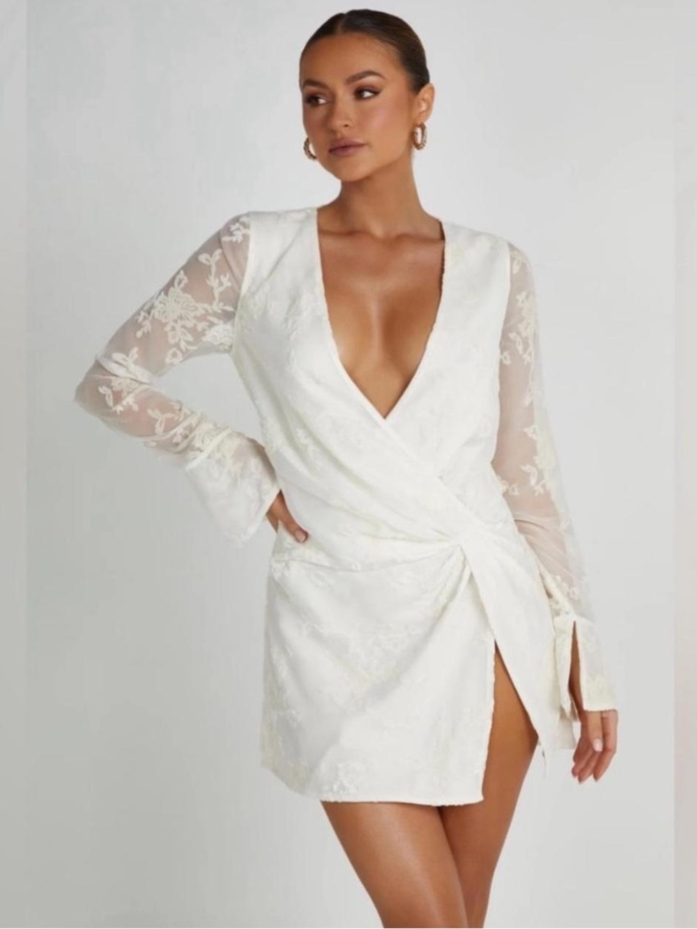 Meshki White Lace Wrap Mini Dress with Sheer Floral Sleeves
